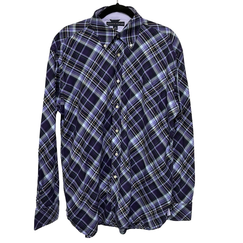 VTG Tommy Hilfiger Purple Plaid‎ Button Down Long Sleeve Shirt Men's Large Y2K